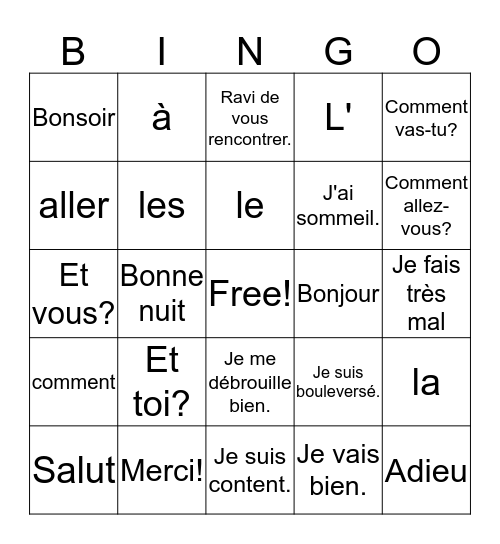French Greetings Bingo Card