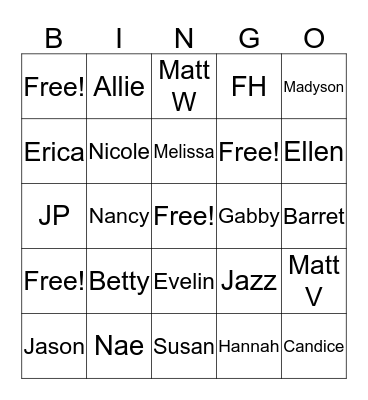 All About Us Bingo Card