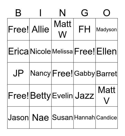 All About Us Bingo Card