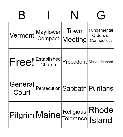 New England Colonies Bingo Card