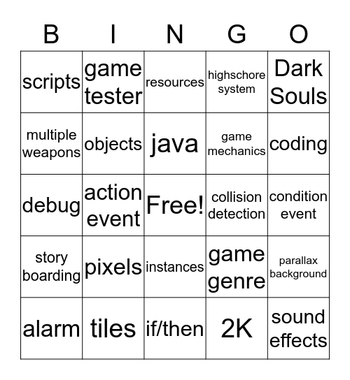 GameMaker Vocabulary Bingo Card