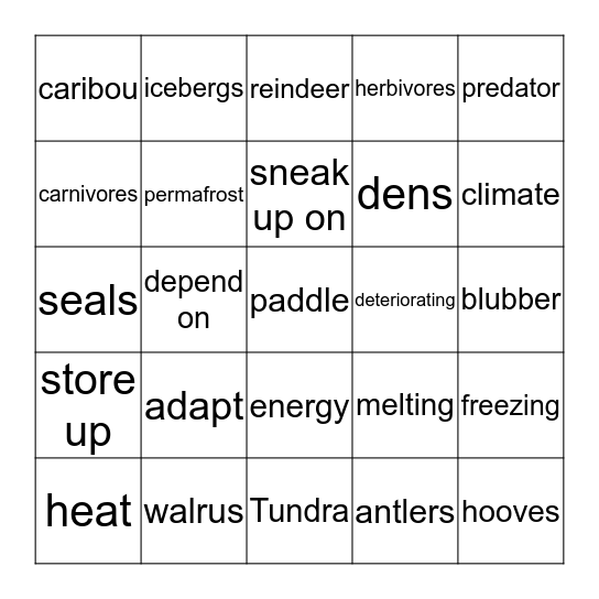 Tundra Bingo Card