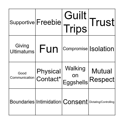 Healthy vs Unhealthy Relationships Bingo Card