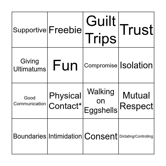 Healthy vs Unhealthy Relationships Bingo Card