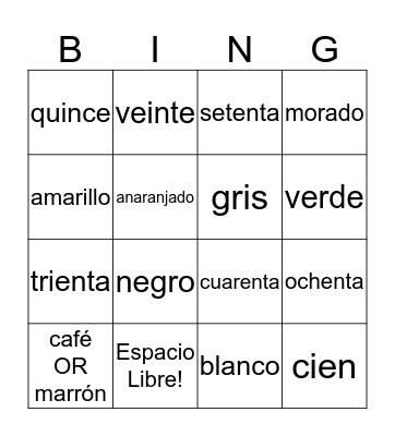 Colores y Numeros Bingo Card