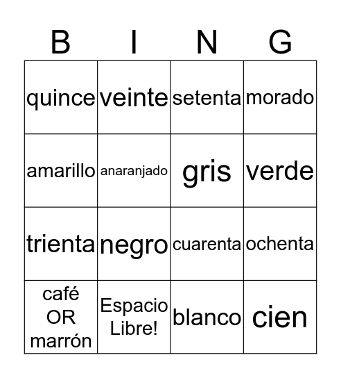 Colores y Numeros Bingo Card