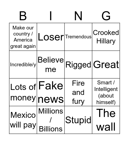 Trump Buzzword Bingo Card