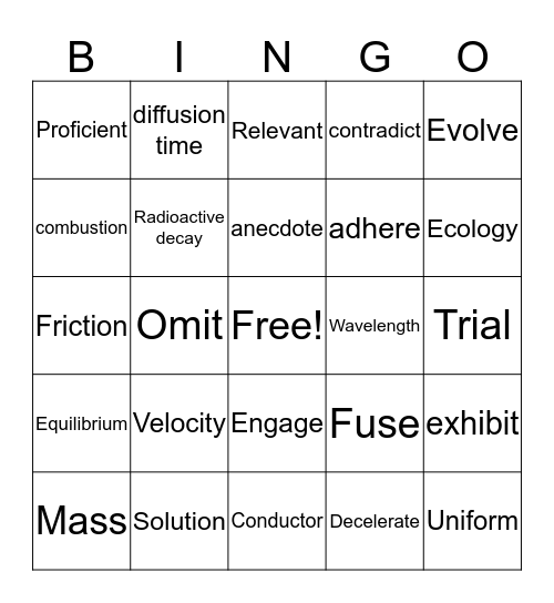 ACT Science Bingo Card