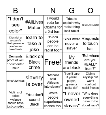 White Guilt Bingo Card