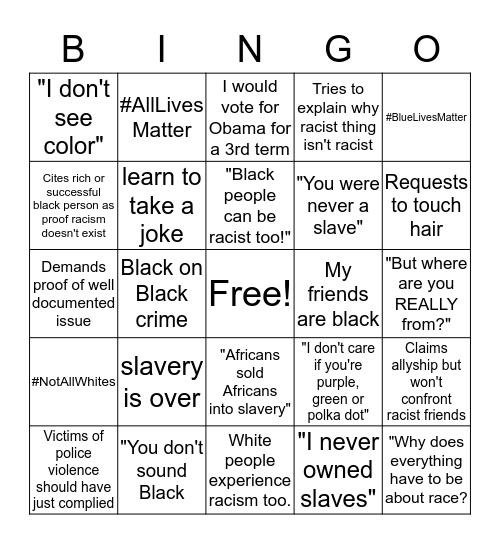 White Guilt Bingo Card