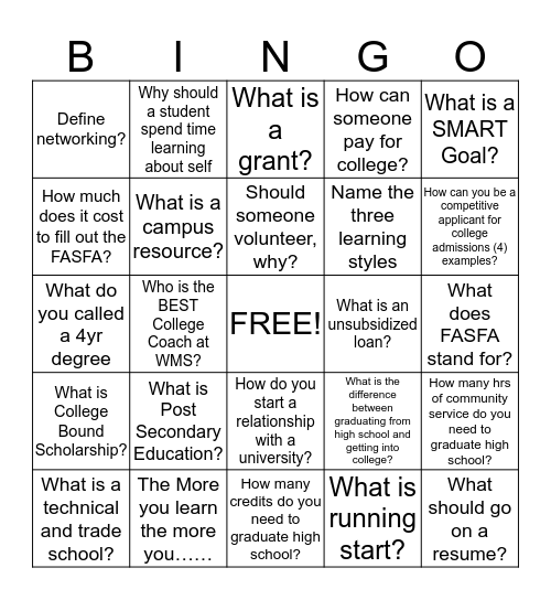 College Bingo  Bingo Card