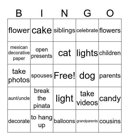 la familia, la fiesta Bingo Card