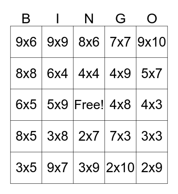 Multiplication Bingo Card