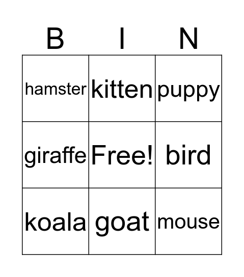 Animals Bingo Card