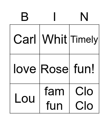 Family Night Bingo Card