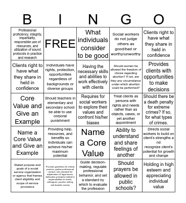 Values & Ethics in Social Work  Bingo Card
