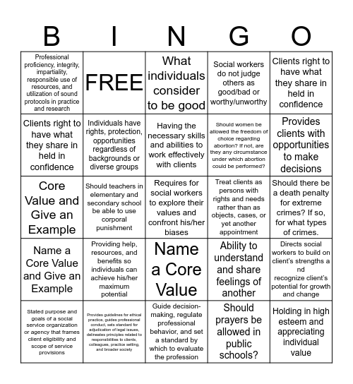 Values & Ethics in Social Work  Bingo Card