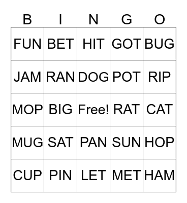 Short Vowel Bingo Card