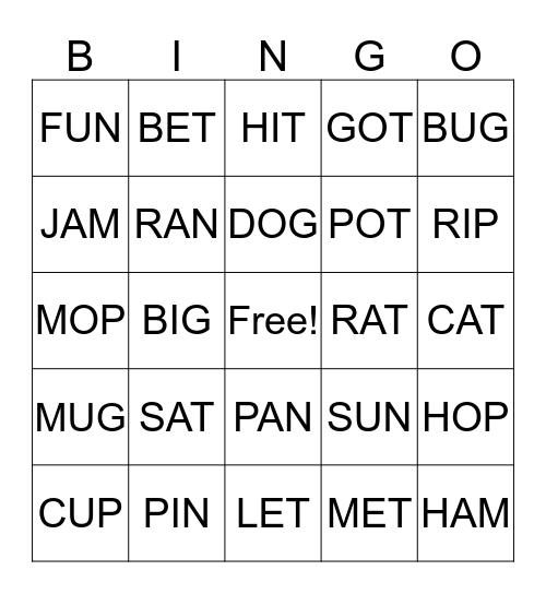 Short Vowel Bingo Card