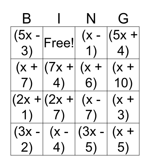 FACTORING QUADRATICS Bingo Card