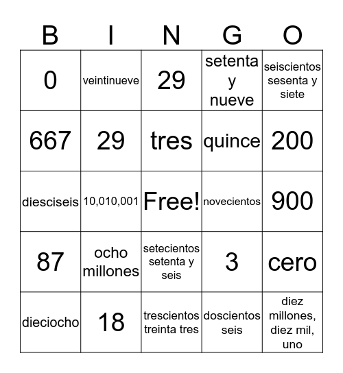 Loteria de Numeros Bingo Card