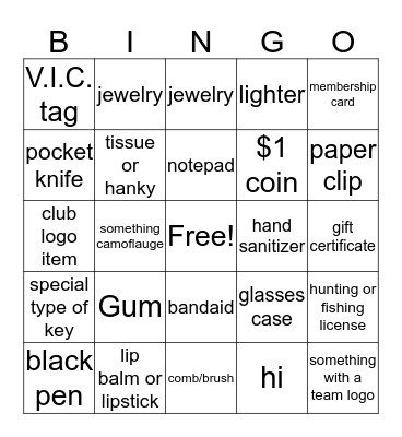 What's in your purse/pocket BINGO Card #1 Bingo Card