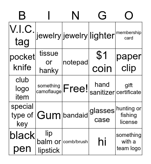 What's in your purse/pocket BINGO Card #1 Bingo Card