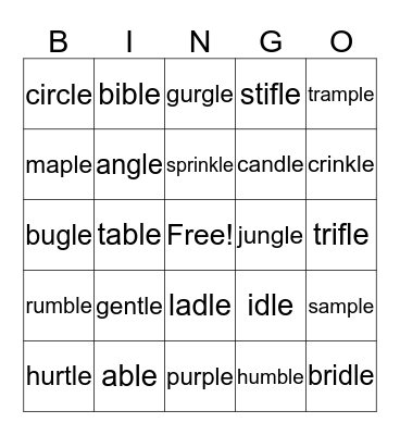 Consonant-le Syllable Bingo Card
