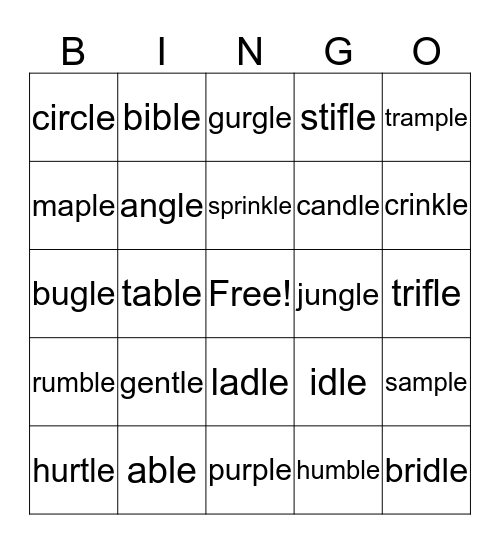 Consonant-le Syllable Bingo Card