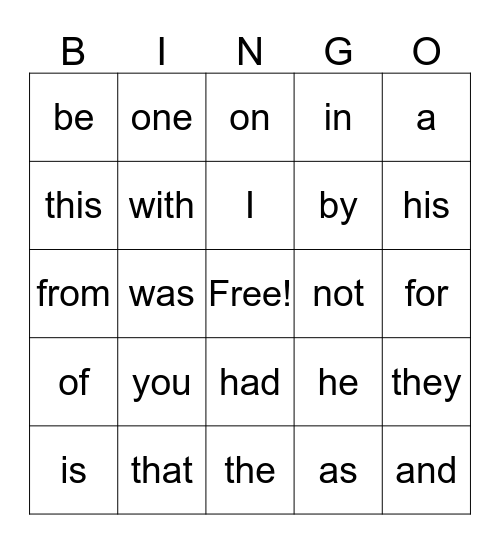 Sight Word Bingo Card