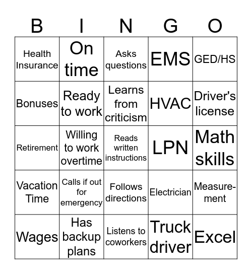 Workforce Bingo Card