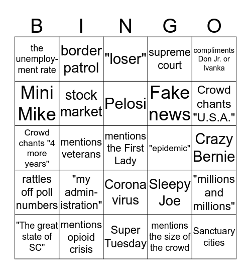 Trump Rally Bingo Card