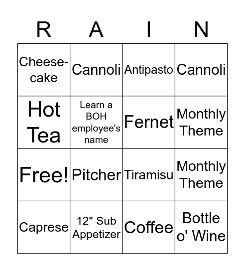 Rain-go Bingo Card