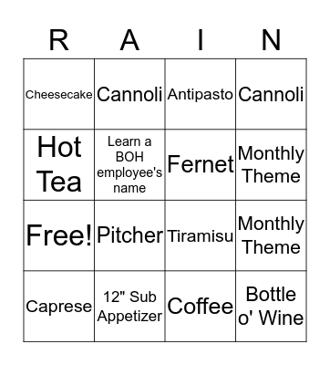 Rain-go Bingo Card