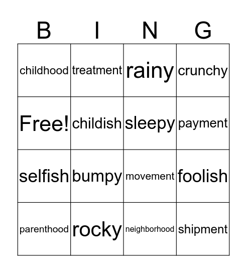 Suffixes Bingo Card