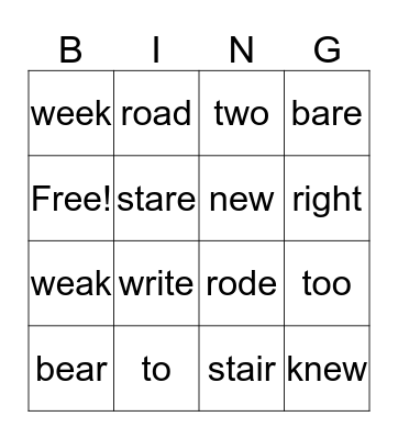 Homophones Bingo Card