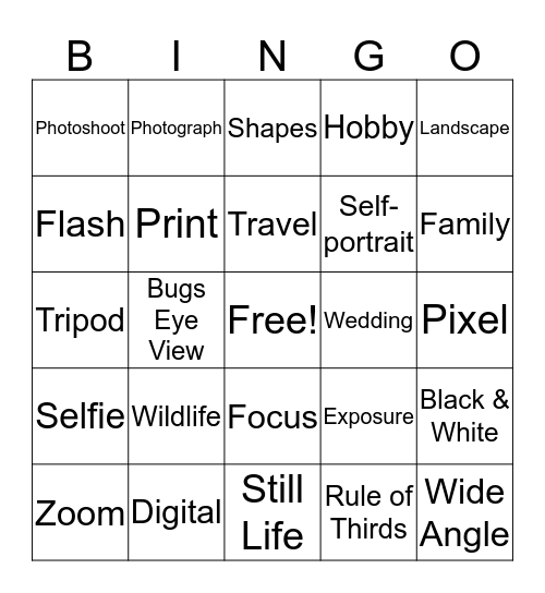 Photography Bingo Card
