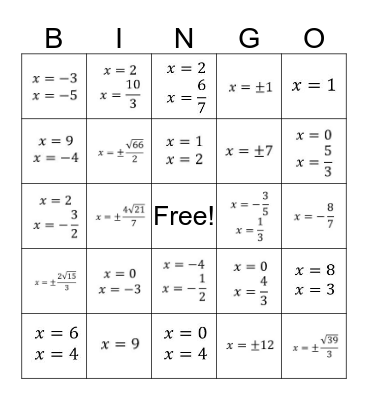 Algebra 2 - 5.5 Practice Bingo Card