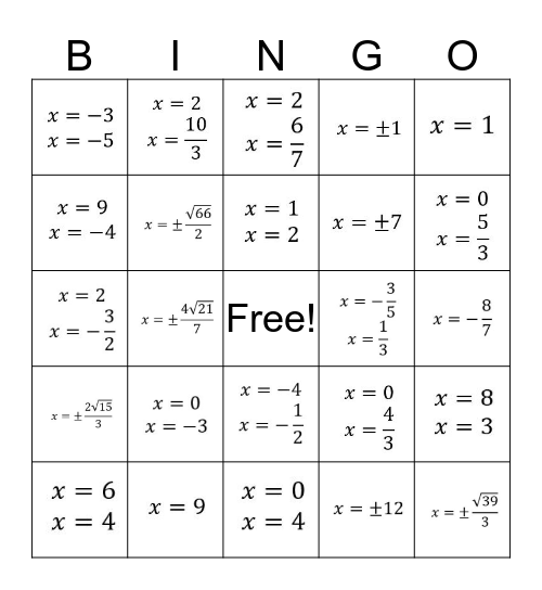 Algebra 2 - 5.5 Practice Bingo Card