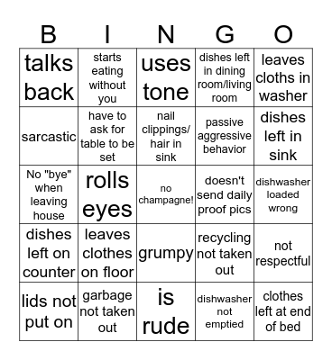 Domestic Discipline Bingo Card