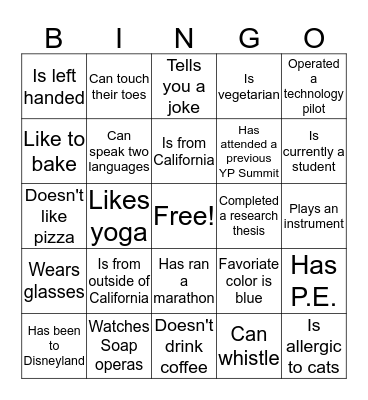 YP Summit Bingo Challenge! Bingo Card