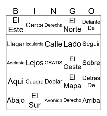 Directional Vocabulary Bingo Card