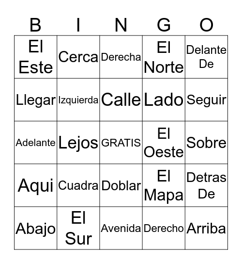 Directional Vocabulary Bingo Card