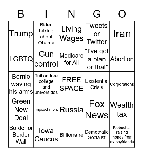 2020 Democratic Debate Bingo Card