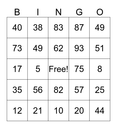 Base Ten Bingo Card