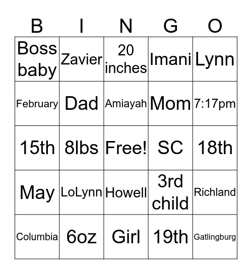 Imani’s 1st Birthday Bingo Card