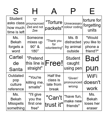 Shapes Class Bingo Card