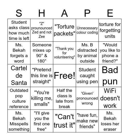 Shapes Class Bingo Card