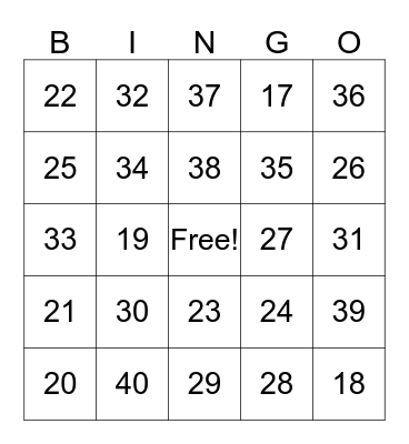 Number Bingo Card