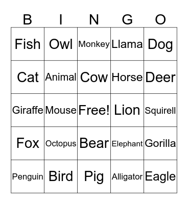 ASL Animals Bingo Card